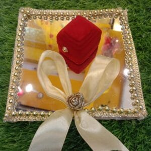 Square Ring Tray For Engagement / Baat Pakki / Date Fix (Gold & Red Theme) (Single Ring)